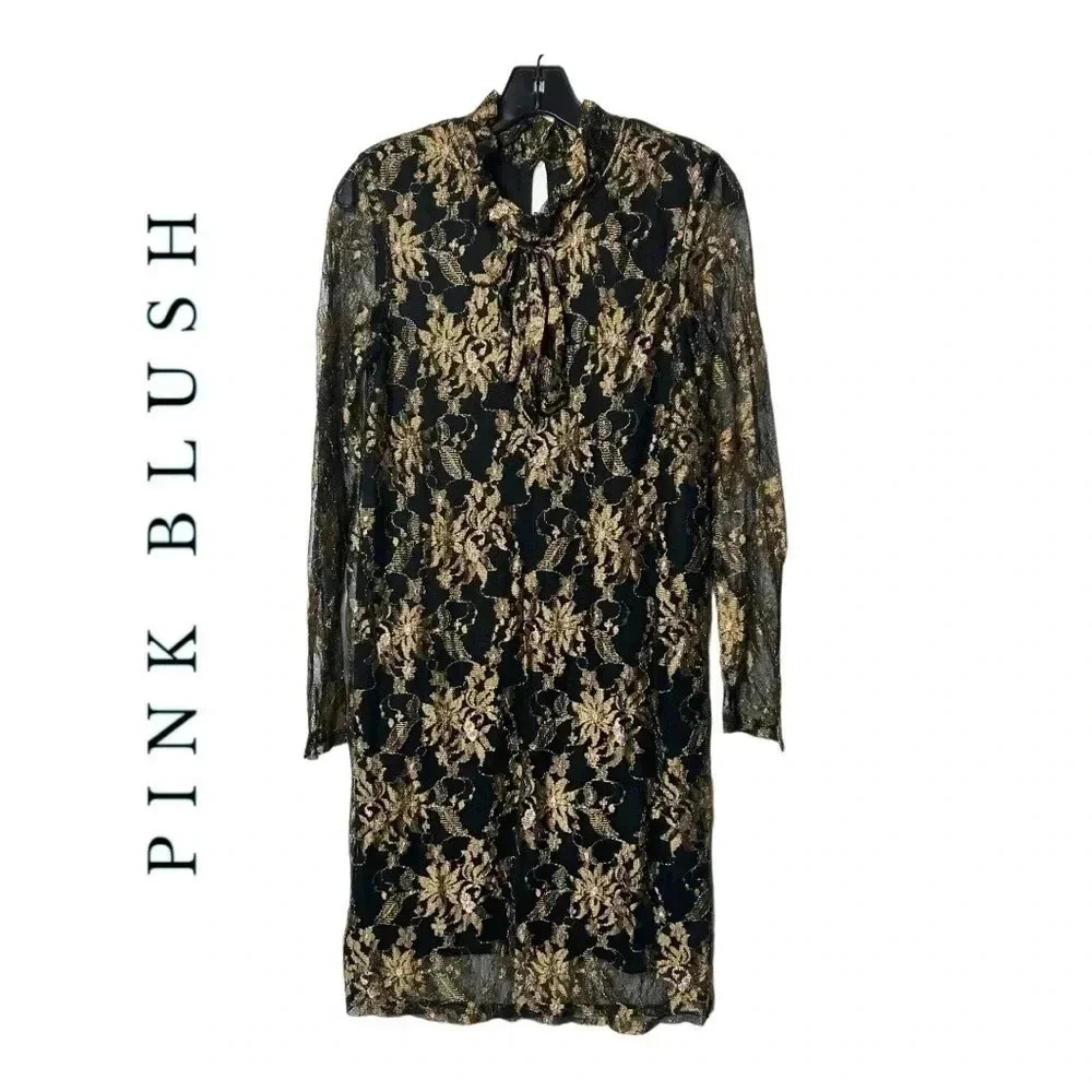 1524. PINK BLUSH LONG SLEEVE MIDI LENGTH DRESS SIZE MEDIUM MESH BLACK/GOLD/PINK